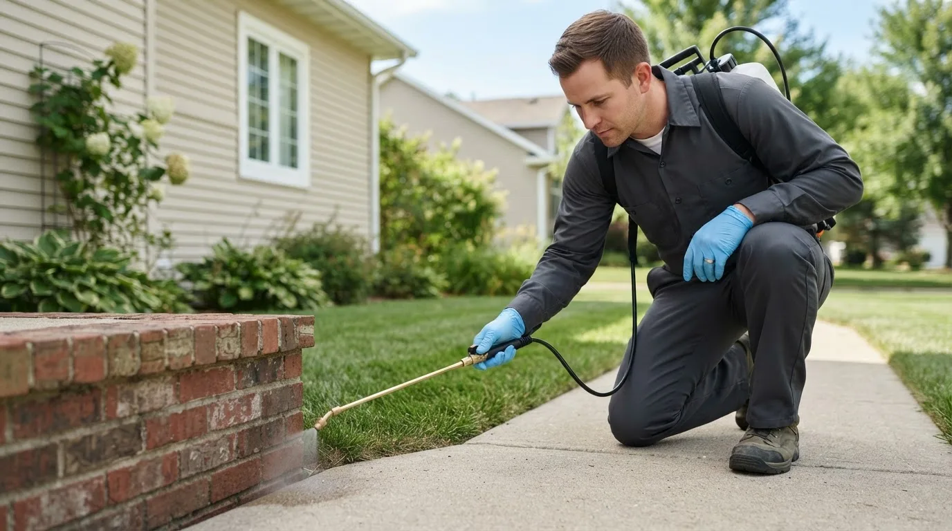 Pest control technician treating a home near Pilot Knob, MO